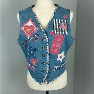 Cambridge Country Store Vintage Denim Vest Cotton Patriotic Patches Size Medium